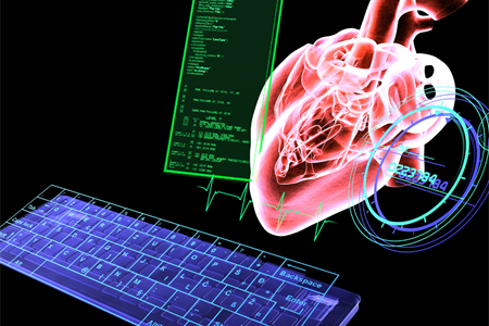 Graphic of digital twin with keyboard, screen, and heart.