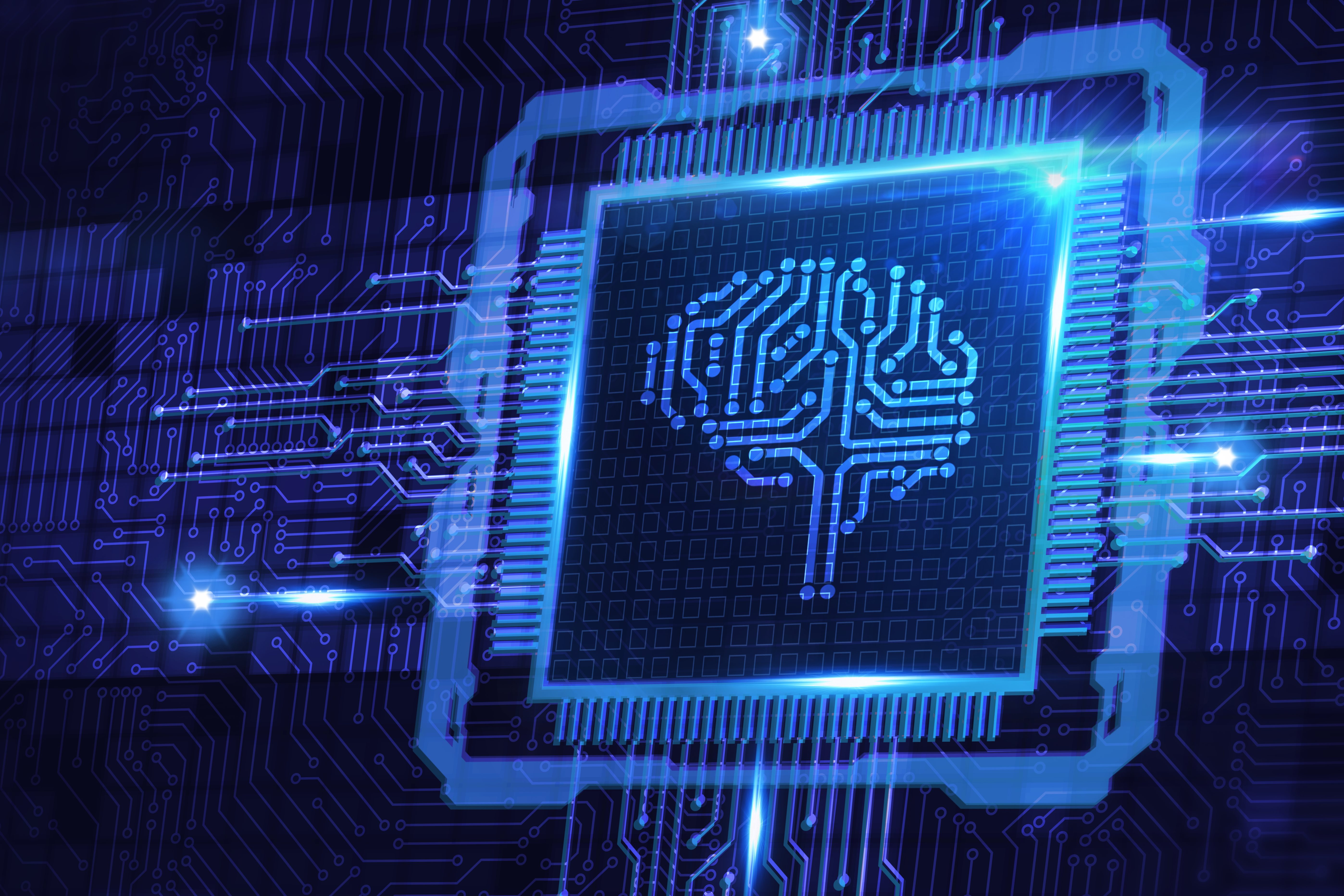 Artistic graphic illustration of artificial intelligence with brain on a computer chip.