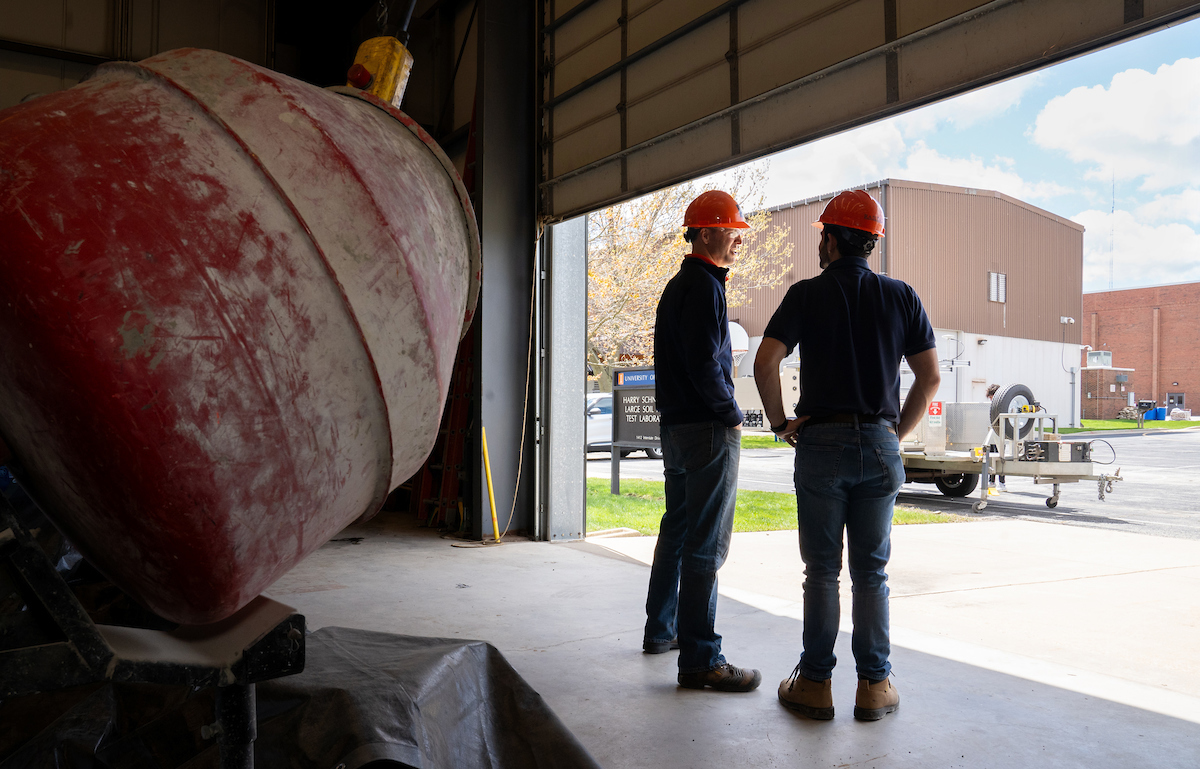 RailTEC's Marcus Dersch, 
principal research engineer, left, and  Vitor Alves, graduate research assistant, take a break at the Research and Innovation Laboratory (RAIL) in Champaign.