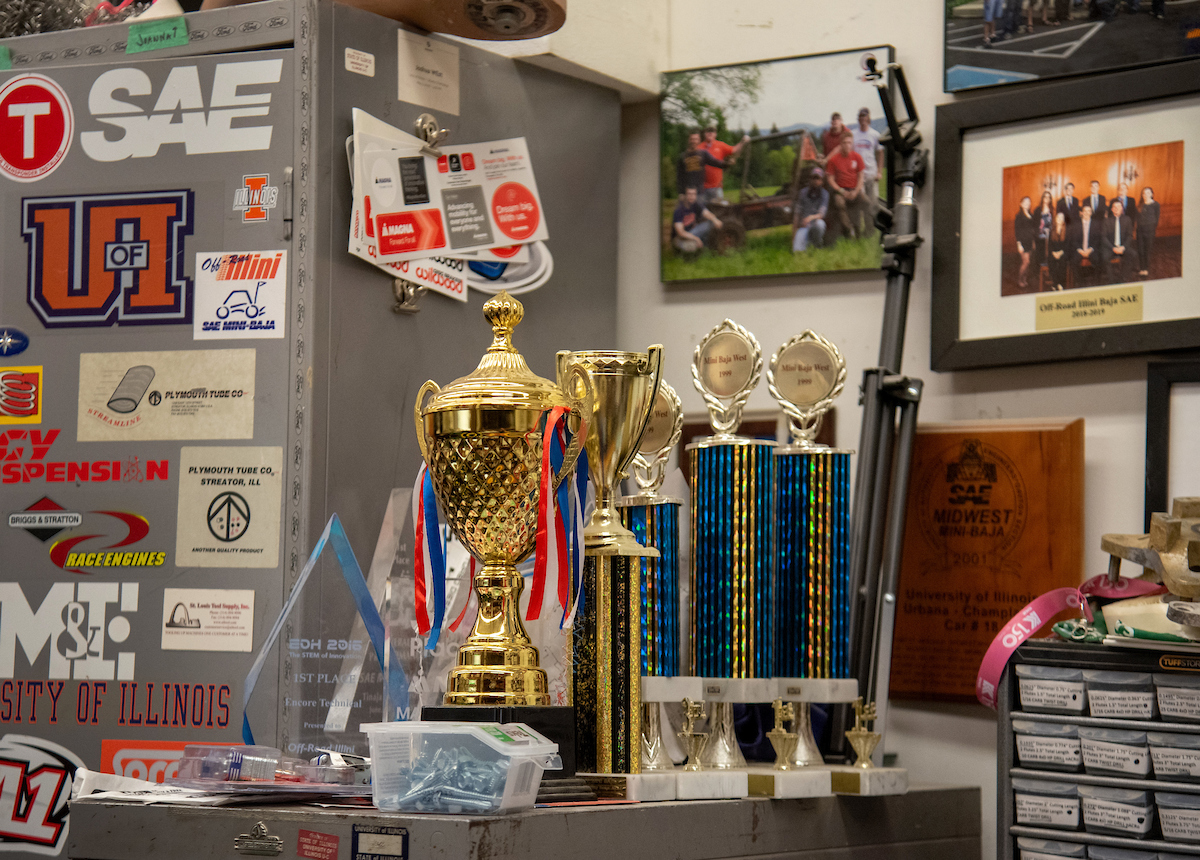 Student competition trophies on display in the U of I. Engineering Student Project Laboratory.