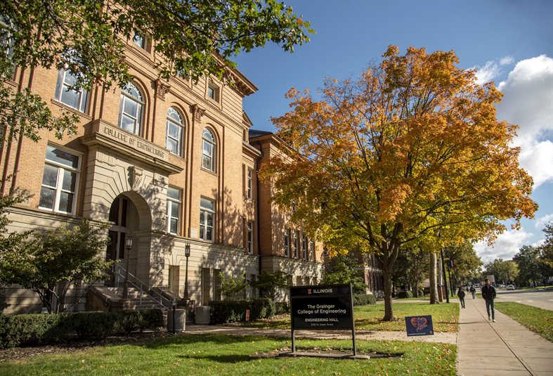 The front of the Engineering Hall building during the fall season.